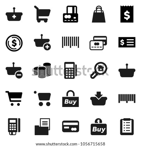 Flat vector icon set - dollar coin vector, cart, credit card, stack, receipt, estate document, search, shopping bag, buy, barcode, reader, basket, list
