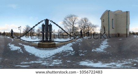 Spherical, 360 degrees panorama. Fence of cannons and anchor chains around the church on the island of Sveaborg. Suomenlinna, Helsinki,Finland.