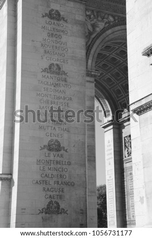 Black and White Photo, Detail view of the Arch of Triumph in Paris,France