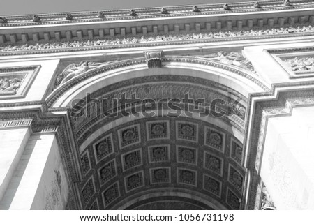 Black and White Photo, Detail view of the Arch of Triumph in Paris,France