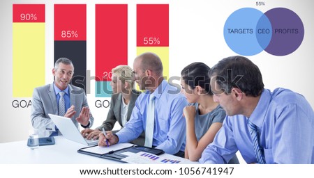 Digital composite of meeting with graphs 49