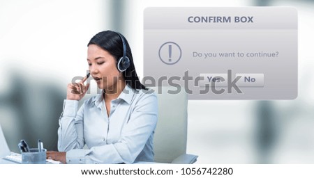 Digital composite of Customer service representative using headphones by dialog box