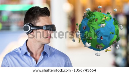 Digital composite of Businessman wearing VR headphone by low poly earth