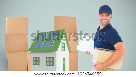 Digital composite of Delivery man with parcel and house