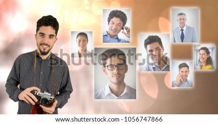Digital composite of Confident male photographer holding camera by flying business portraits