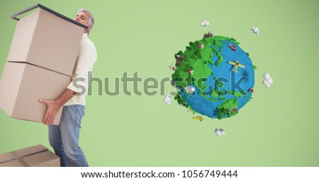 Digital composite of Delivery man carrying boxes by low poly earth