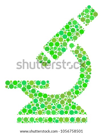 Microscope mosaic of filled circles in variable sizes and eco green color tones. Vector circle elements are composed into microscope illustration. Ecological vector illustration.