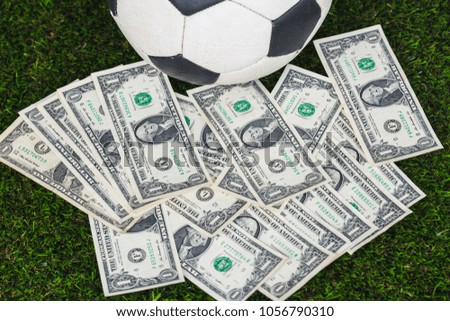  dollar bill  and soccer ball on grass background , business concept 