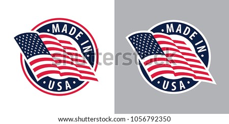 Made in USA (United States of America). Composition with American flag for badge, label, pin, etc. Variants for light and dark backgrounds. Royalty-Free Stock Photo #1056792350