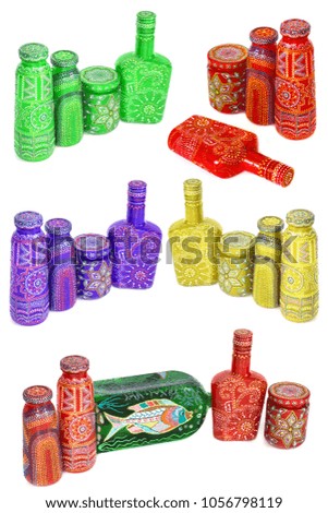 many different bottles, painted dot painted on isolated background. Creative painting.