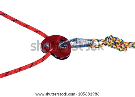 Climbing equipment - pulley, rope, carabiner; isolated on white background