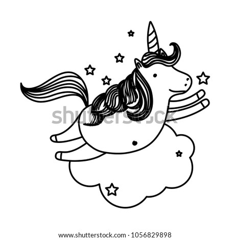 line pretty unicorn flying with stars and cloud
