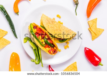 Colorful delicious mexican tacos, on the white plate, decorated with vegetables and nachos