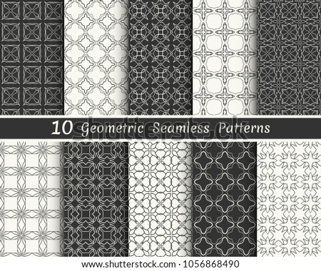 Set of seamless geometric patterns. Black and white line backgrounds collection. Endless repeating linear texture for wallpaper, packaging, banners, invitations, business cards, fabric print