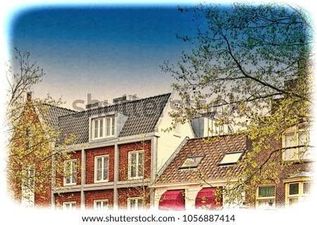 Historic buildings in the city of Amersfoort. Typical Dutch brick houses in Holland. Vintage style toned picture