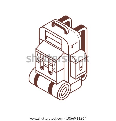 Retro hiking backpack isometric icon in line art. Tourist rucksack with sleeping bag in isometry. Minimalist camping bag.