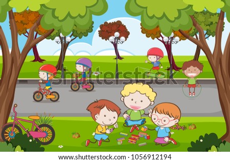 Many children playing in the park illustration