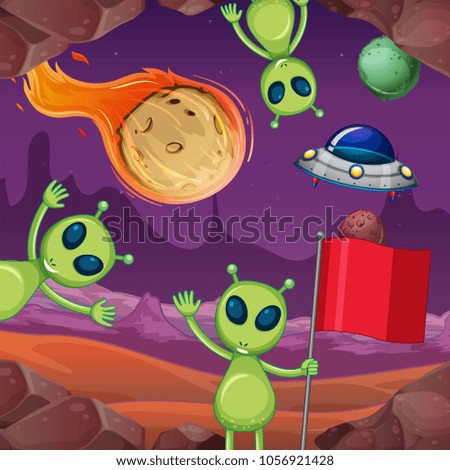 Aliens and planets in space illustration