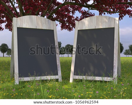 two blank wedding cafe chalkboards stand on the grass