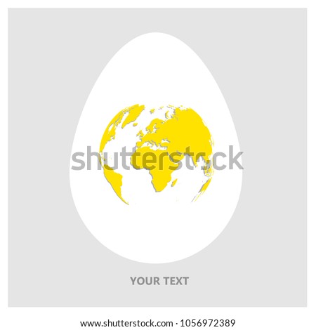 Flat Vector logo white egg with yellow world map. Planet Earth in form of egg yolk on light gray background with copy-space for your text.