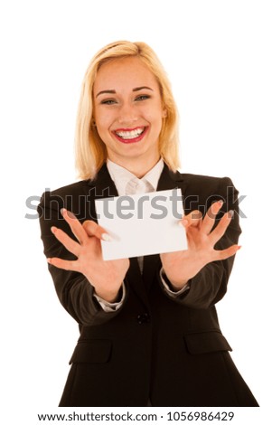 Attractive business woman hilding blank white banner isolated over white background