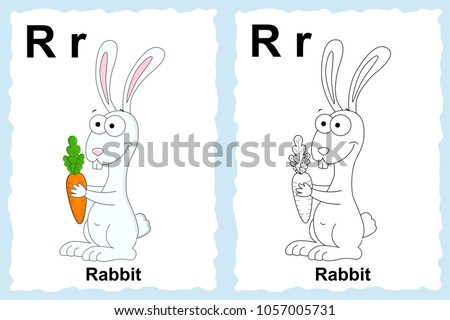 Alphabet coloring book page with outline clip art to color. Letter R. Rabbit. Vector animals.