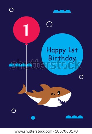 cute shark with balloon cartoon happy first birthday greeting card