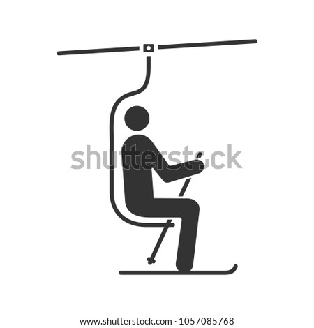 Ski chairlift with skier glyph icon. Funicular. Ski elevator. Silhouette symbol. Negative space. Vector isolated illustration