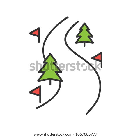 Ski route color icon. Winter forest road. Mountain landscape. Isolated vector illustration