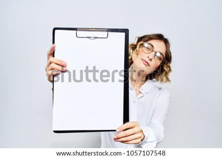 business woman with glasses, folder tablet                               