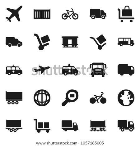 Flat vector icon set - school bus vector, world, bike, Railway carriage, plane, truck trailer, sea container, delivery, car, cargo, search, amkbulance, trolley