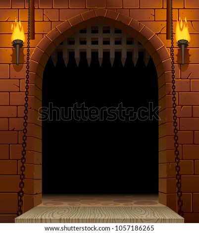 Medieval castle gate with a drawbridge and torches with a black aperture. Architectural vintage frame. Cover and poster fantasy design. Vector illustration Royalty-Free Stock Photo #1057186265