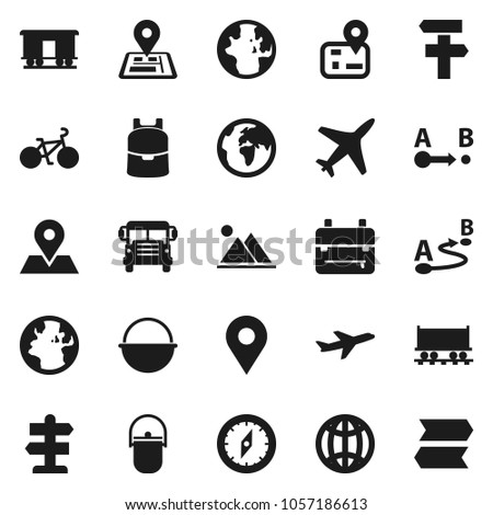 Flat vector icon set - camping cauldron vector, backpack, compass, school bus, world, bike, signpost, navigator, earth, map pin, Railway carriage, plane, route, globe, mountain
