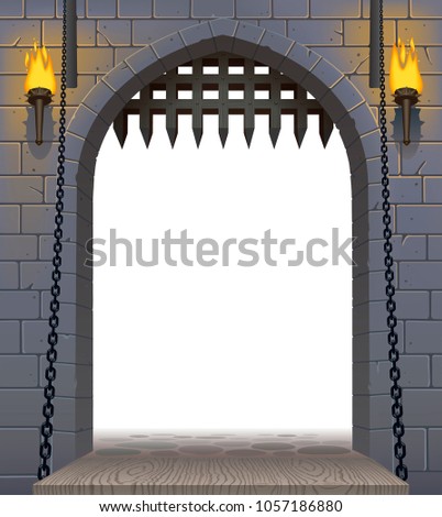 Medieval castle gate with a drawbridge and torches with a white aperture. Architectural vintage frame. Cover and poster fantasy design. Vector illustration Royalty-Free Stock Photo #1057186880