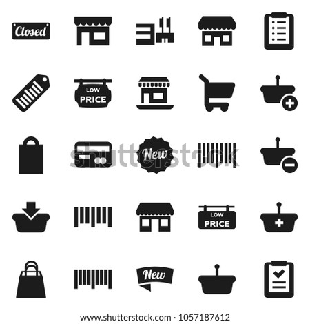 Flat vector icon set - office vector, barcode, low price signboard, credit card, new, closed, shopping bag, store, mall, basket, cart, list