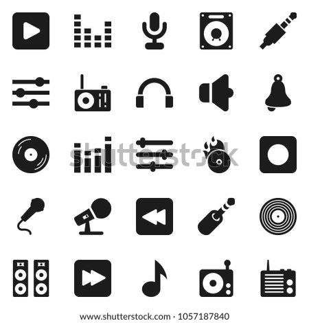 Flat vector icon set - bell vector, music, disk, hit, microphone, radio, speaker, equalizer, headphones, play button, forward, backward, rec, jack