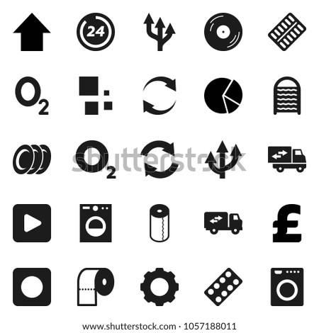 Flat vector icon set - washboard vector, toilet paper, plates, pie graph, arrow up, pound, oxygen, disk, play button, rec, pills blister, gear, refresh, loading, route, relocation truck, 24 hour