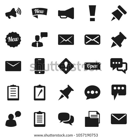 Flat vector icon set - paper pin vector, clipboard, document, loudspeaker, mobile phone, dialog, speaking man, thumbtack, mail, message, attention sign, new, open