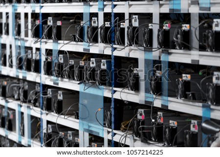 shelves with equipment for bitcoin mining farm
