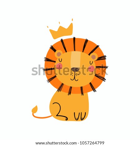 Hand drawn vector illustration of a cute funny lion in a crown. Isolated objects. Scandinavian style flat design. Concept for children print.