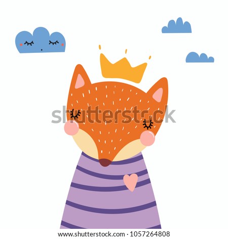 Hand drawn vector illustration of a cute funny fox in a shirt and crown, with clouds. Isolated objects. Scandinavian style flat design. Concept for children print.