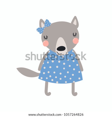 Hand drawn vector illustration of a cute funny wolf girl in a dress, with a ribbon Isolated objects. Scandinavian style flat design. Concept for children print.