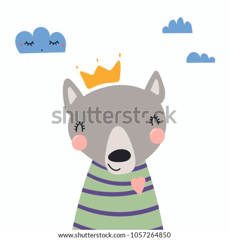 Hand drawn vector illustration of a cute funny wolf in a shirt and crown, with clouds. Isolated objects. Scandinavian style flat design. Concept for children print.