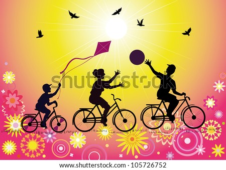 Vector silhouettes sports family with a child on the bike during the game on the decorative background.