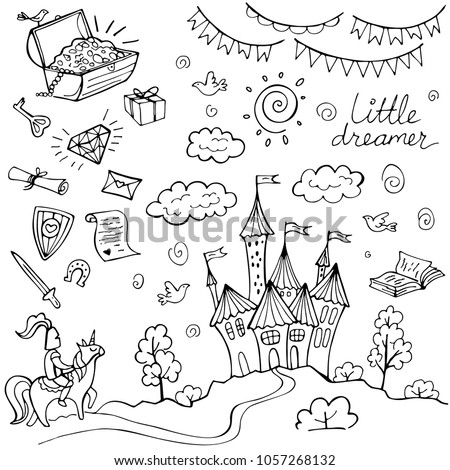 Hand drawn doodle fairytale set isolated on white. Knight, road, castle, treasure. Vector illustration. Perfect for invitation, greeting card, coloring book, textile print.
