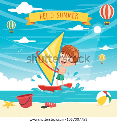 Vector Illustration Of Kid Windsurfing