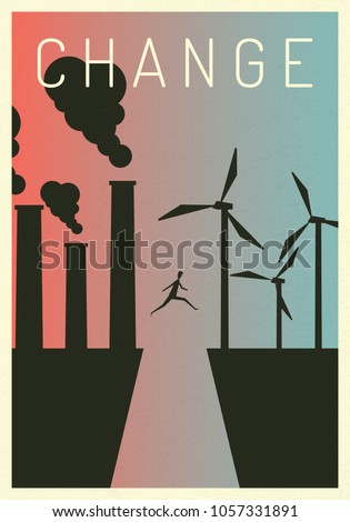Vector illustration polluting electricity generation production. Polluting fossil thermal coal and nuclear power plants versus clean and wind turbines renewable energy. Minimalist retro poster change 