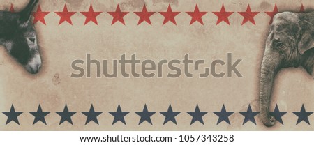 Political animals, a donkey representing democrats and an elephant representing republicans, on a vintage boxing style poster. Cropped and adjusted for use as a banner. Royalty-Free Stock Photo #1057343258