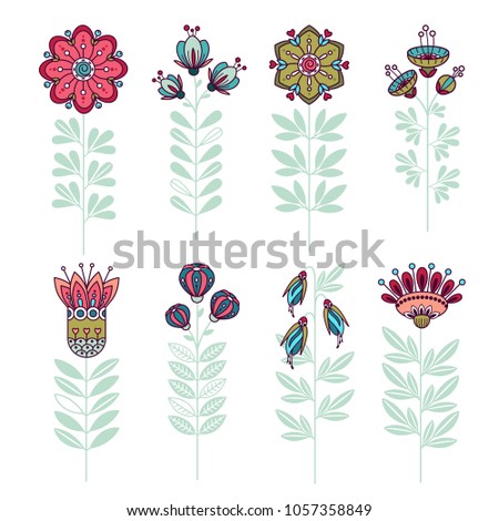 Set ot Cute Floral Vector Elements. Colorful Cartoon. Hand-drawn isolated flowers in doodle style, stylized vector illustration. For textile, greeting cards, wedding invitation, wrapping, wallpaper