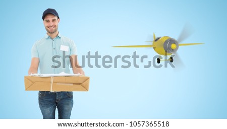 Digital composite of Delivery man carrying parcel by 3d airplane